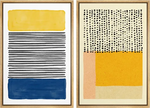 Miniatura 126 de IDEA4WALL Lienzo enmarcado para pared, juego de arte Bauhaus dorado de mediados de siglo, patrón de cuadrícula moderna, ilustraciones con formas