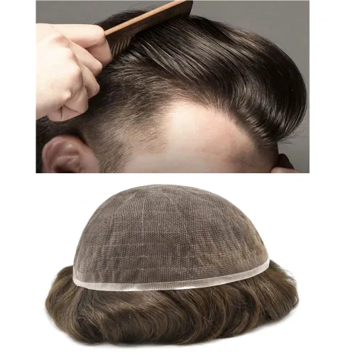 Miniatura 42 de Extensiones de cabello suizo completo para hombre, sistema de reemplazo de cabello humano europeo para hombres