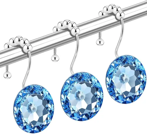 Miniatura 12 de Ganchos de cortina de ducha de cristal negro con diamantes para baño, 12 unidades, anillos de acero inoxidable plateados a prueba de óxido, colgador