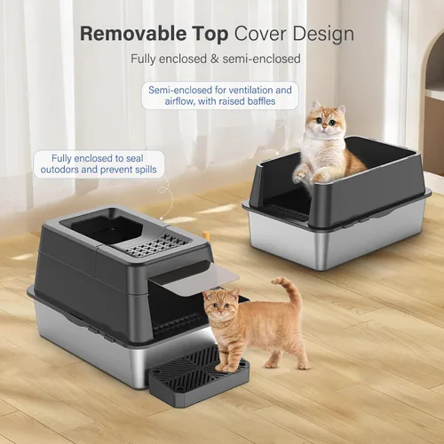 Miniatura 7 de Aphyxen Caja de arena de acero inoxidable con tapa, caja de arena para gatos extra grande cerrada para todos los gatos, diseño modular con tapa