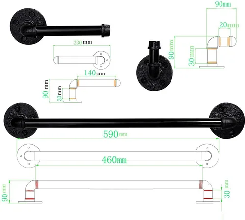 Miniatura 3 de Kit industrial de 3 piezas de tubería que incluye toallero de 18 pulgadas, gancho para bata y soporte para papel higiénico, juego de accesorios