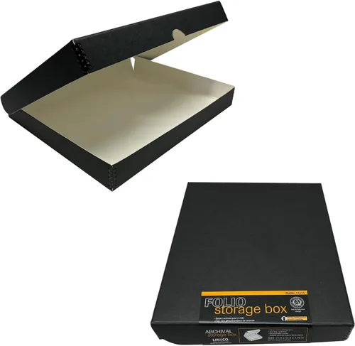 Miniatura 19 de Lineco 16x20 Caja de almacenamiento tipo folio negra con tapa, 1.75" de profundidad. Sin ácidos con borde de metal. Preserva la longevidad