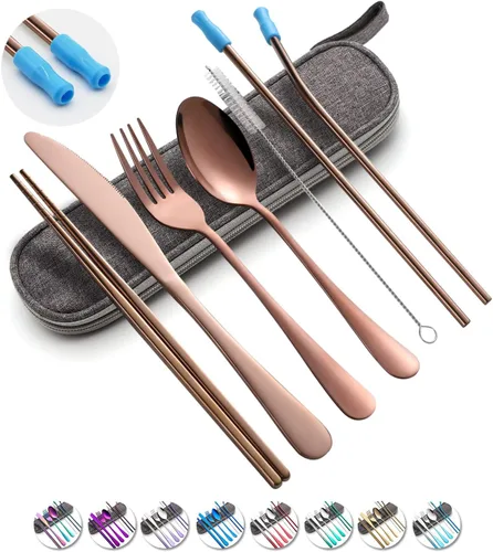 Miniatura 14 de Juego de utensilios de viaje con estuche, juego de cubiertos portátiles reutilizables de acero inoxidable, 8 piezas, incluyendo cuchillo de cena