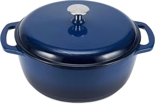 Miniatura 17 de Amazon Basics Olla de horno holandés de hierro fundido con tapa, esmaltada, redonda, doble asa, resistente, pequeña, 4.3 cuartos de galón, azul