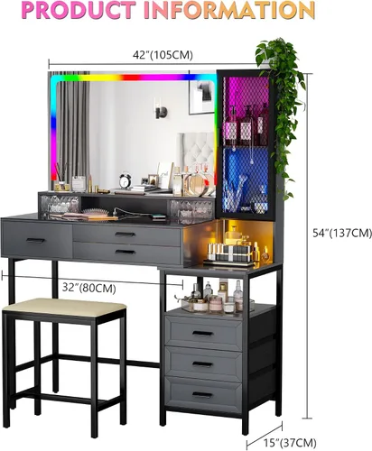Miniatura 9 de Lvifur RGB Escritorio de Tocador - con Espejo y Luces, Juego de Mesa de Tocador con 7 Luces Dinámicas y 24 Estáticas Atenuables con Estación