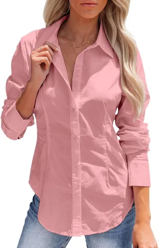 Miniatura 8 de Camisas con botones para mujer, camisas de vestir de manga larga, sin arrugas, cuello para el trabajo, oficina, blusas sólidas, blusas ajustadas