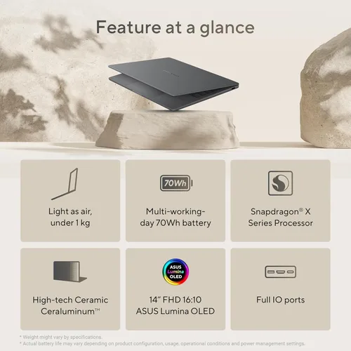 Miniatura 7 de ASUS Zenbook A14; Copilot+ PC, portátil ultradelgado, 14” WUXGA OLED, procesador Snapdragon® X, 16 GB de memoria, SSD de 512 GB, Wi-Fi 6E, Zabriskie