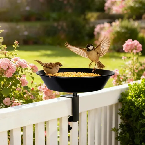 Miniatura 2 de Comedero para pájaros de balcón para barandilla de cubierta, montado en cubierta con bandeja de semillas para exteriores, acero resistente ajustable