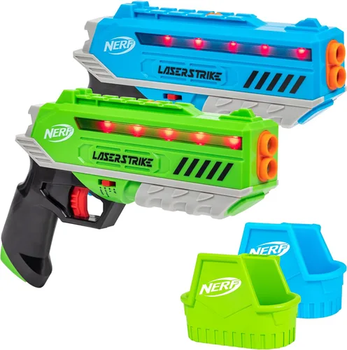 NERF Laser Strike - Paquete completo de juego de etiqueta láser para 2 jugadores con 2 lanzadores de alcance de 300 pies y 2 fundas, juegos de