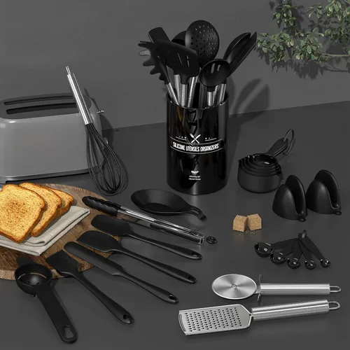 Miniatura 3 de Umite Chef - Juego de utensilios de cocina de silicona, 43 piezas, resistentes al calor, juego de herramientas de cocina negras con asas de acero