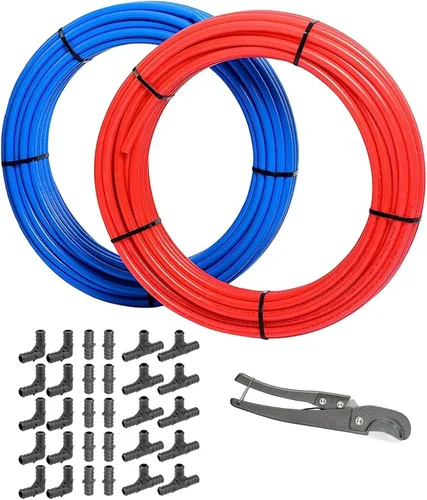 Miniatura 8 de Kit de tubería/herramienta PEX-B de 1/2 pulgada, tubo PEX azul y rojo de 200 pies, 30 accesorios de latón, abrazaderas de 100 cinchas, herramienta