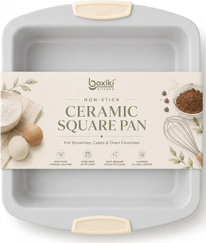 Boxiki Kitchen Ceramic Square Cake Pan, 12x10x2 Inch Aluminized Steel Baking Pan, KFCC Korean Ceramic Coated Nonstick Bakeware, Heavy Duty Oven Safe