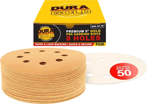 Dura-Gold Discos de papel de lija premium de grano 220 de 5 pulgadas, patrón de 8 agujeros, sin polvo, 50 discos, soporte de gancho y bucle para