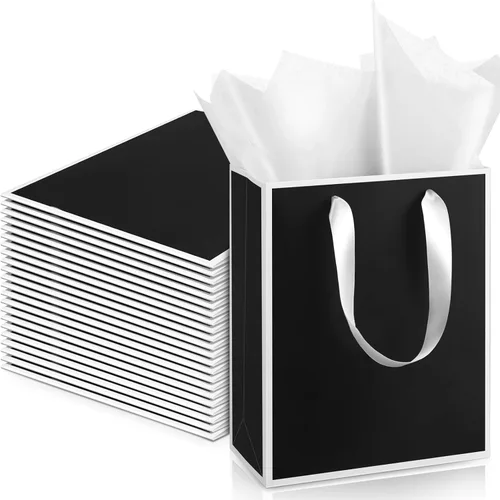 Miniatura 12 de Yeaqee Paquete de 24 bolsas de regalo de papel metálico con asa y papel de seda de 9 x 7 x 3.1 pulgadas, bolsas de favor de bienvenida con papel