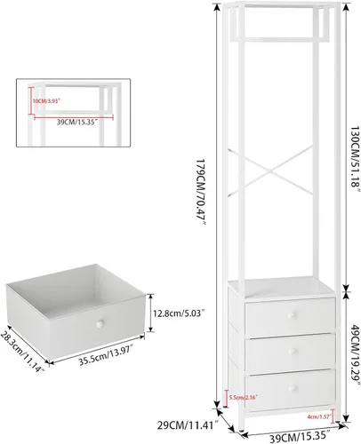 Miniatura 7 de YMYNY Percheros con cajones, organizador de armario alto independiente con 3 cajones de tela, soporte de ropa para colgar camisas, abrigo, 15.35