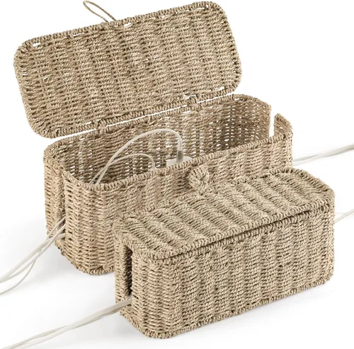 Paquete de 2 cajas grandes para organización de cables, cajas organizadoras de cables de ratán natural para regleta de alimentación – caja
