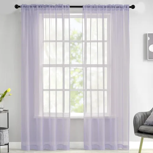 Cortinas de gasa traslúcidas color morado claro de 45 pulgadas de largo para dormitorio, sala de estar, decoración de Halloween, juego de 2 paneles