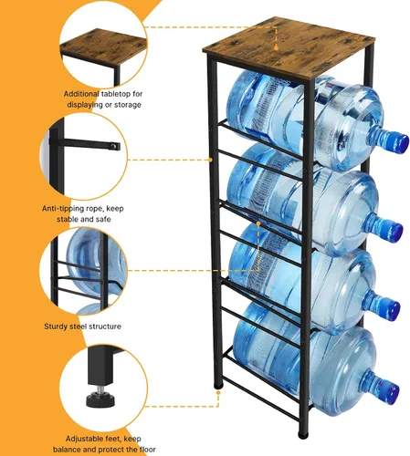 Miniatura 4 de smusei Soporte para jarra de agua de 5 galones con estante, organizador resistente de 4 niveles para botellas de agua, soporte dispensador de agua