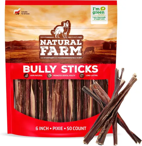Natural Farm Bully Sticks (6 pulgadas, paquete de 50), golosinas de carne fina Pixie Pizzle, sin granos, alta proteína, la mejor alternativa de