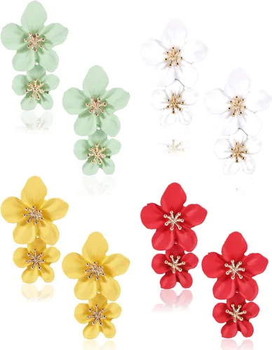 Juego de aretes de flores para mujer, blanco, rojo, rosa, dorado, grande, hecho a mano, aleación de cristal, flor de cerezo, hipoalergénica, paquete