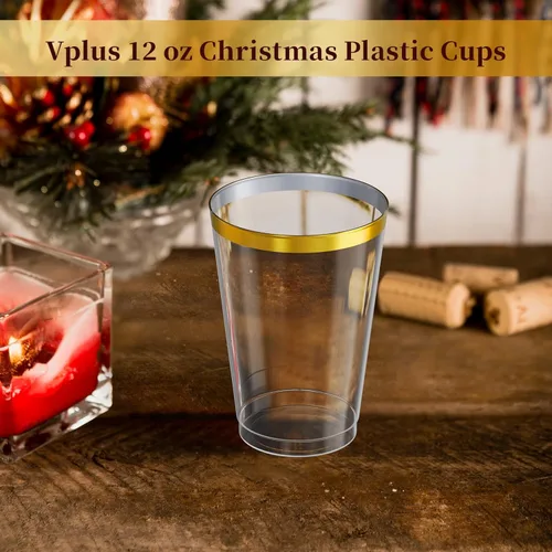 Miniatura 8 de Vplus Paquete de 150 vasos de plástico transparente reutilizables con borde dorado de 12 onzas, vasos desechables de plástico resistentes, perfectos