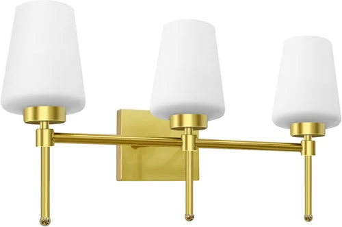 Lámpara de baño de latón cepillado, 3 luces de 24 pulgadas, aplique de pared moderno con pantalla de vidrio para sobre el espejo, clasificación