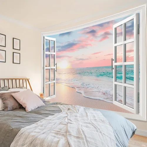 Miniatura 15 de HVEST Tapiz de playa para colgar en la pared, paisaje tropical azul océano, tapiz natural para dormitorio, palmera verde con cielo azul, nube