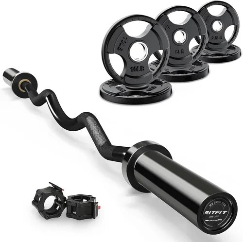 RitFit Barra de rizo EZ de 2 pulgadas con pesas, barra olímpica de capacidad de 350 libras para bíceps y tríceps, entrenamiento de fuerza de