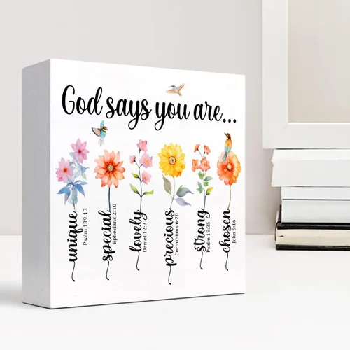 Miniatura 6 de Letrero de caja de madera con versículo bíblico, Dios dice que eres único, decoración de bloque de madera cristiana, letrero religioso de madera god