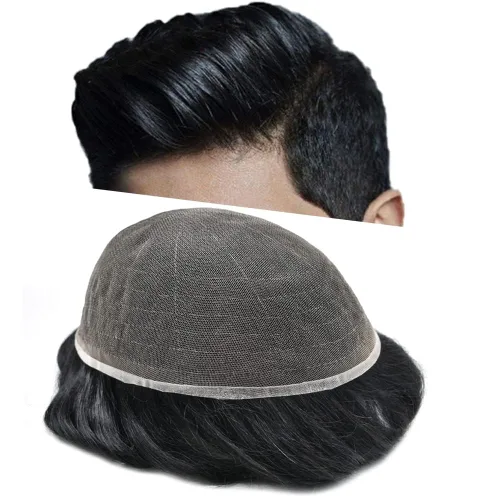 Toupee para hombres nudos blanqueados hombres toupee hairpieces europeo virgen sistema de reemplazo de cabello humano suave encaje francés hombres