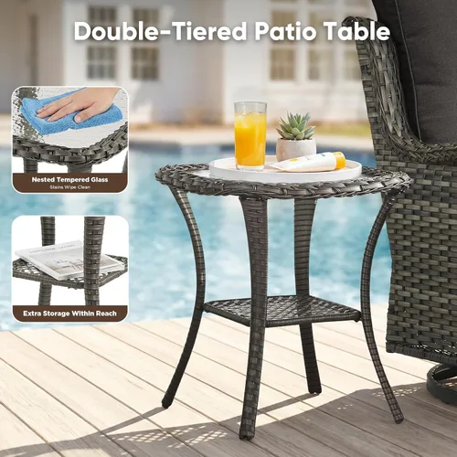 Miniatura 8 de Belord - Juego de 3 piezas de muebles de patio - Sillas giratorias de mimbre con respaldo de balanceo, color gris mezclado, con mesa auxiliar, juego