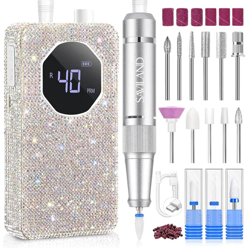 SAVILAND Taladro de uñas profesional 40000 RPM: kit de taladro eléctrico portátil para uñas, máquina de lima con brocas de uñas de cerámica y bandas