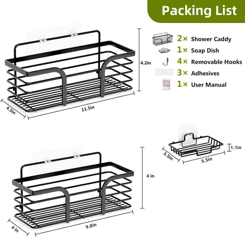 Miniatura 2 de Yougai Organizador de ducha con soporte para jabón y ganchos, estantes de ducha inoxidables, organizadores de baño sin perforaciones y Negro