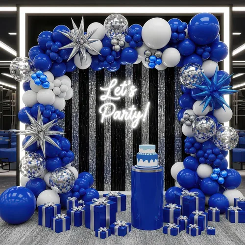 Miniatura 7 de Kit de arco de guirnalda de globos azul real, blanco y plateado, globos azules metálicos con globos de papel de aluminio en forma de explosión Azul