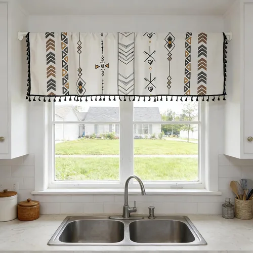 Miniatura 11 de Coral Fish Cortinas Bohemias con Patrón Geométrico Negro Cortinas de Ventana Bohemias con Borlas y Flecos para Cocina Baño Filtrado de Luz