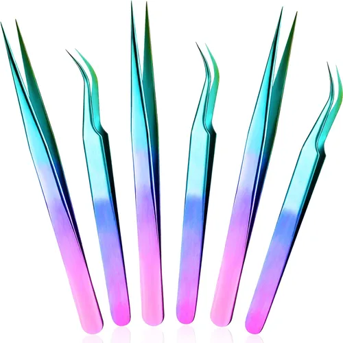 Miniatura 8 de Mudder 6 pinzas de pestañas de alta precisión para extensiones de pestañas, punta recta y curva, acero inoxidable para volumen de pestañas, Colorido