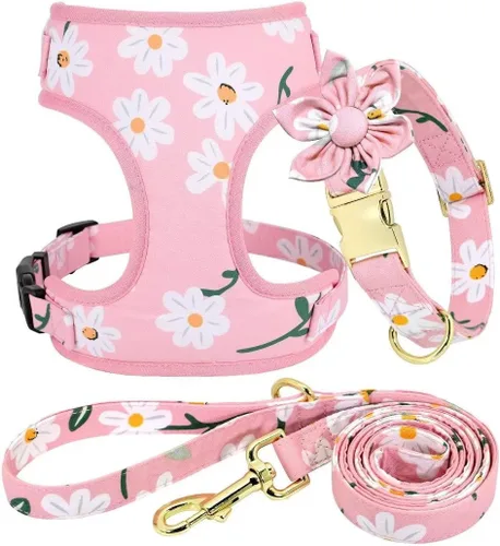 Miniatura 11 de Beirui Collares, arneses y correas lindos para perritas, conjunto - Collar y correa ajustable para perros con flores - Arnés de malla suave