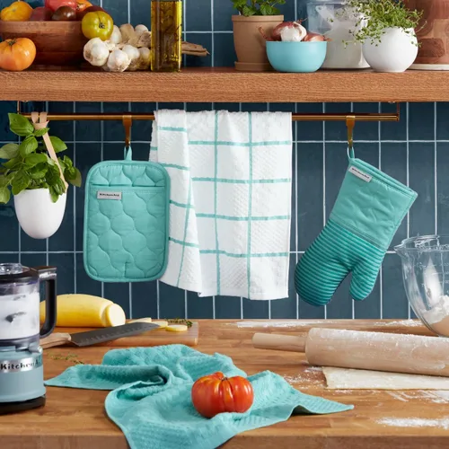Miniatura 2 de KITCHENAID Guante de horno de tela de rizo de algodón acolchado, agarradera, toalla de cocina, juego de 4 piezas, resistente al calor, agarre