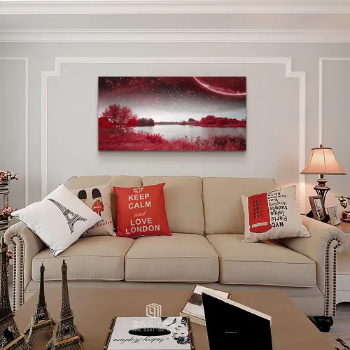 Miniatura 4 de Arte de pared para sala de estar, lagos rojos y árboles bajo el cielo estrellado, pintura de paisaje rojo, decoración de pared para oficina, 20 x 40