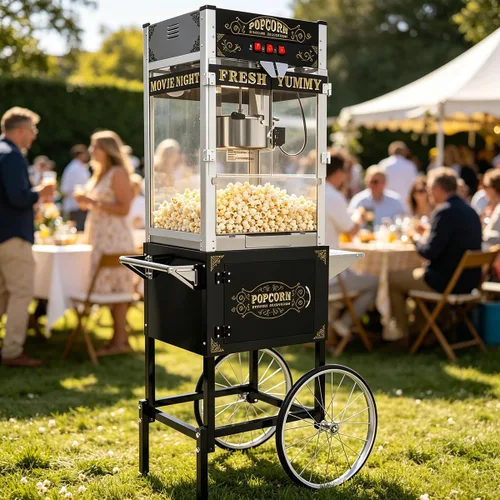 Miniatura 14 de Máquina comercial para palomitas de maíz de 32 oz con carrito - Hervidor de acero inoxidable con ruedas, bandeja calefactora y vidrio templado