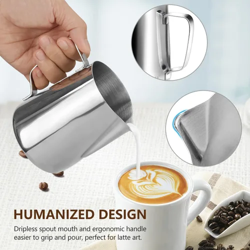 Miniatura 4 de HOOMIL Jarra de espuma de leche, jarra de acero inoxidable de 12 oz/20 oz/32 onzas, jarra de vaporizador de leche para máquina de espresso, café