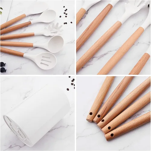 Miniatura 6 de 1 cucharón de sopa de silicona blanca con mango de madera, utensilios de cocina resistentes al calor, cuchara grande antiadherente para servir 1