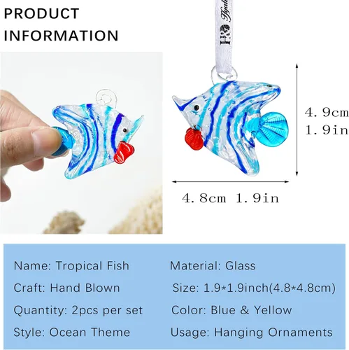 Juego de 2 adornos de cristal soplado de peces tropicales para la colección del árbol de Navidad, arte de cristal marino, adornos decorativos de