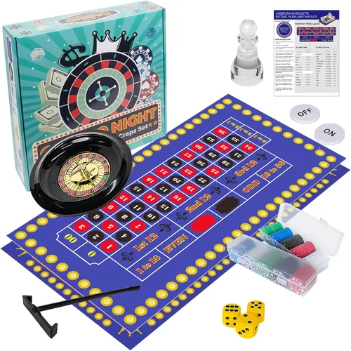 Extguds Juego de Ruleta y Craps con Fieltro Grande de Doble Cara, Rueda de Ruleta de 10 Pulgadas, Rastrillo para Fichas, 200 Fichas, Marcador de