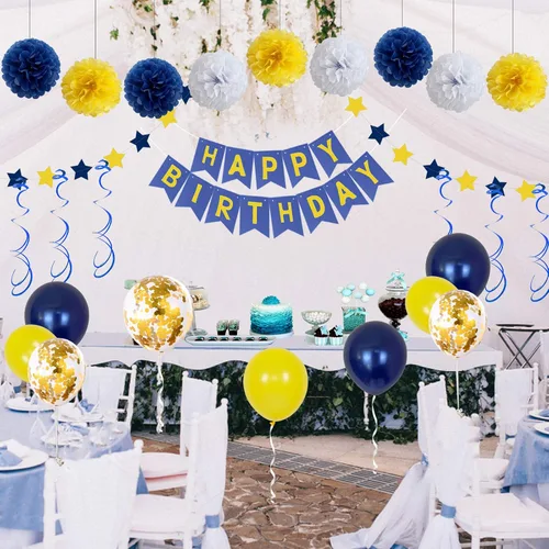 Miniatura 2 de Xourspaty Decoraciones de cumpleaños, suministros de fiesta de cumpleaños, banderines para hombres y mujeres, azul marino, amarillo, confeti, globos
