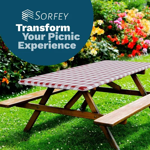 Miniatura 7 de Sorfey Mantel de picnic ajustado con elástico, vinilo con reverso de franela, se adapta a mesa de 48 x 24 pulgadas, rectangular, a prueba de agua