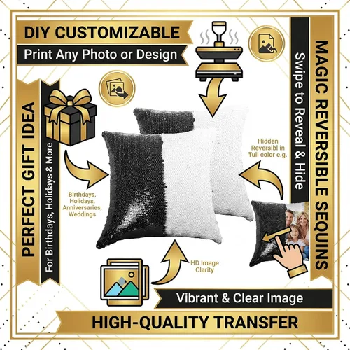 Miniatura 8 de Paquete de 2 fundas de almohada de lentejuelas sublimadas de 16 x 16 pulgadas, fundas de almohada reversibles con purpurina para regalos