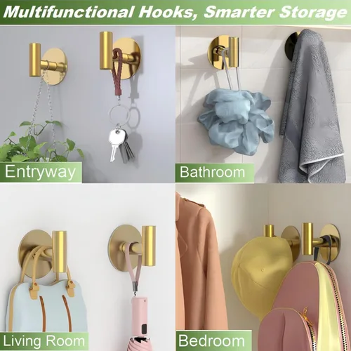 Miniatura 3 de Ganchos de pared de acero inoxidable dorado, ganchos autoadhesivos resistentes para abrigos, toallas, batas, sombreros, delantales – Sin perforación