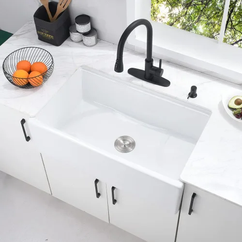 Miniatura 2 de Fregadero de cocina de arcilla refractaria de 33 pulgadas, 33 x 20 pulgadas, color blanco, delantal frontal de cerámica de porcelana de campo