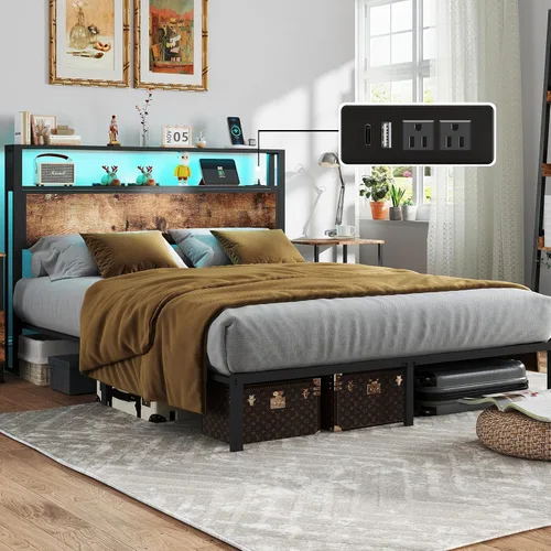 Miniatura 15 de Base de cama tamaño completo con cabecero, estructura de cama de plataforma metálica con luces LED y estación de carga, almacenamiento debajo